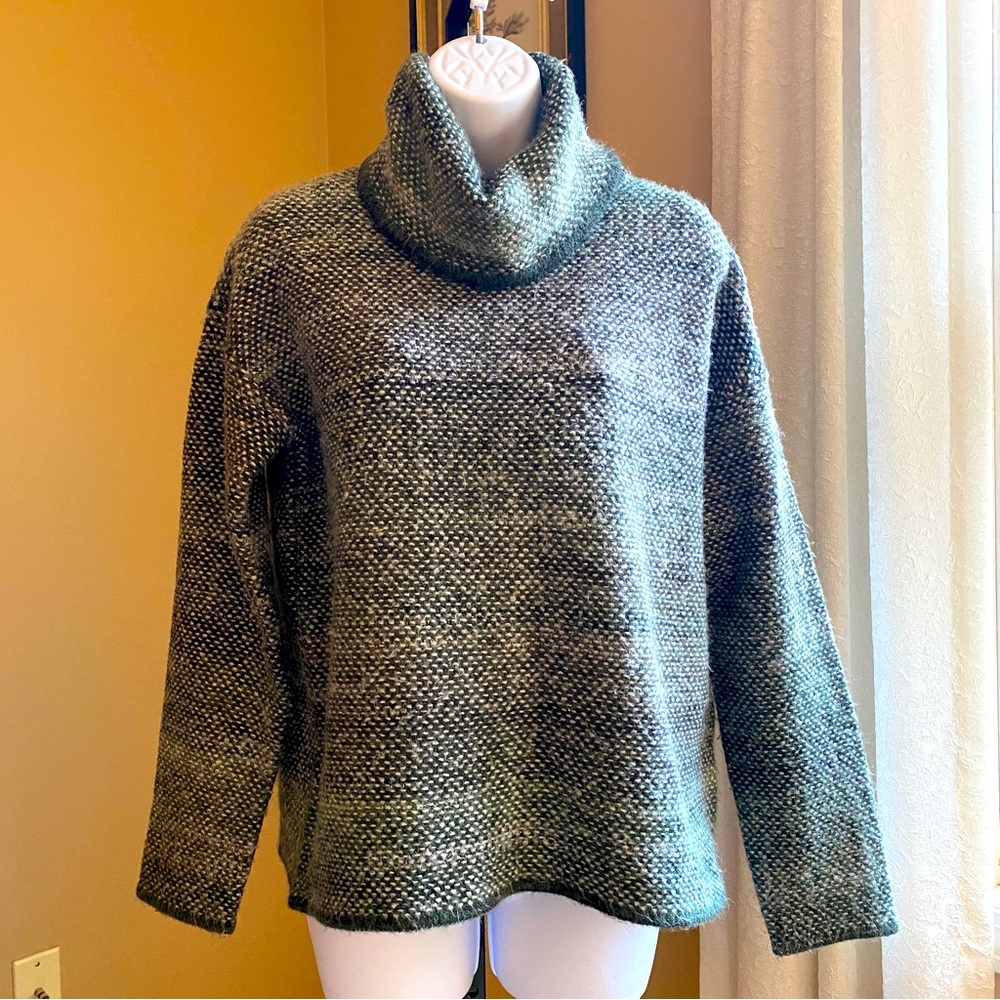 Max Studio shades of green fuzzy striped cowl neck sweater. Size Small